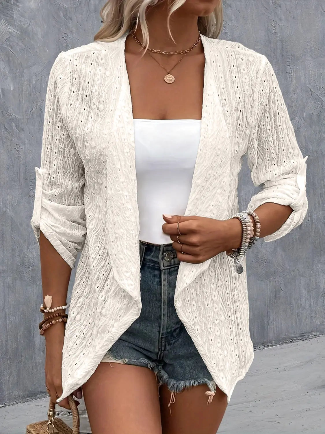 Eyelet Roll-Tab Sleeve Cardigan Trendsi