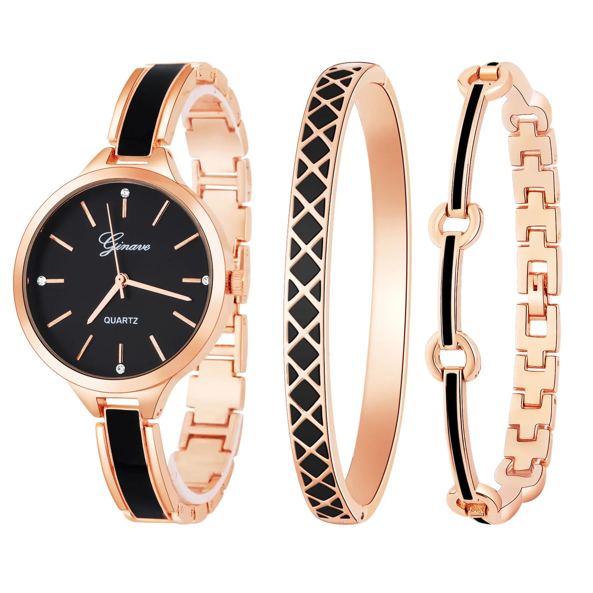 Three-Piece Set With Diamond-Studded British Watch Bracelet GlossiChic Collection