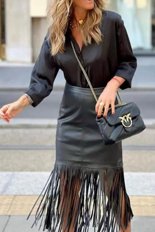 High Waist Fringe Hem Skirt GlossiChic Collection