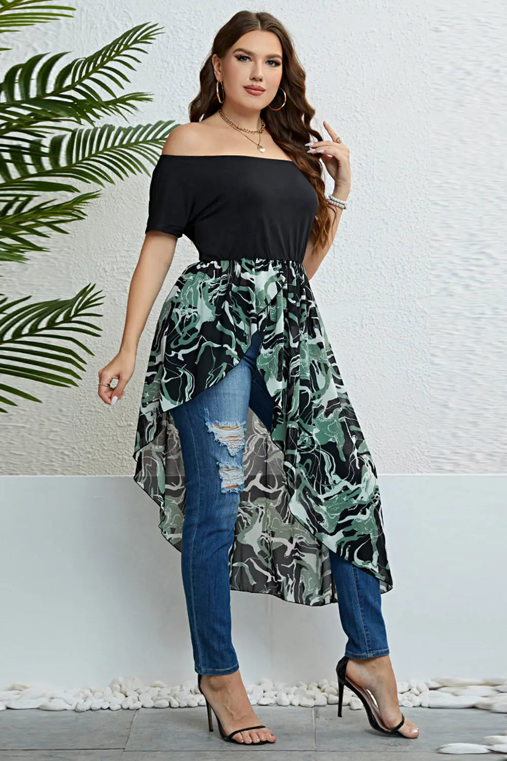 Plus Size Off-Shoulder Asymmetrical Hem Dress GlossiChic Collection