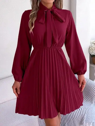 Tie Neck Balloon Sleeve Pleated Dress Trendsi