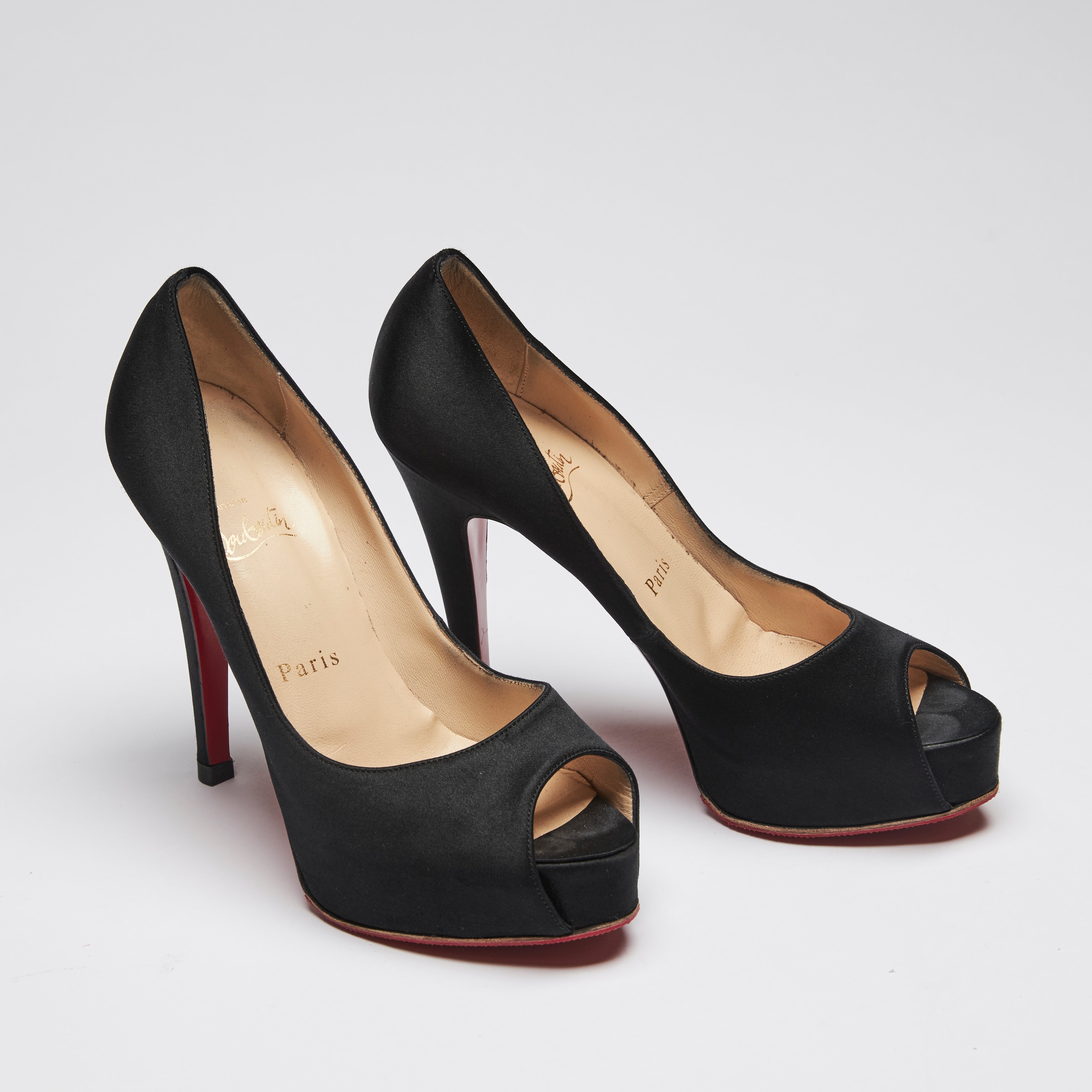 Christian Louboutin Black Satin Peep Toe Heels