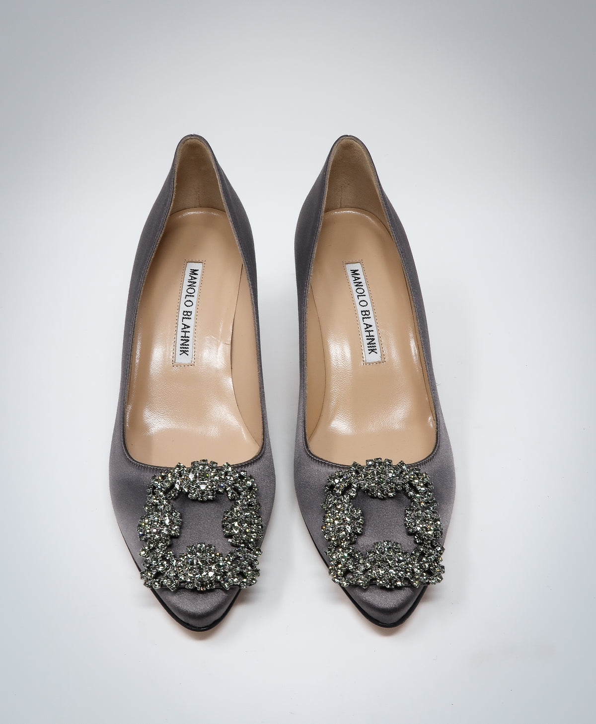 Manolo Blahnik Grey Satin Hangisi Heels | Luxury Finds Consignment