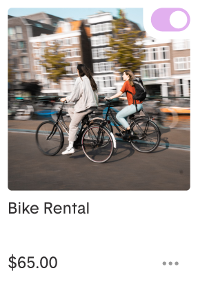 Two people riding bikes in an urban area, labeled 'Bike Rental' with a price of $65.00.