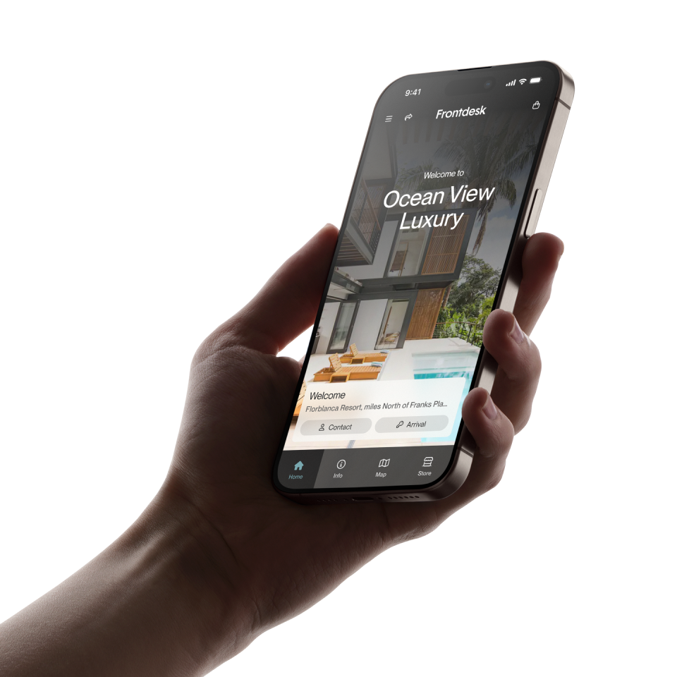 Hand holding smartphone displaying luxury ocean view resort booking app.