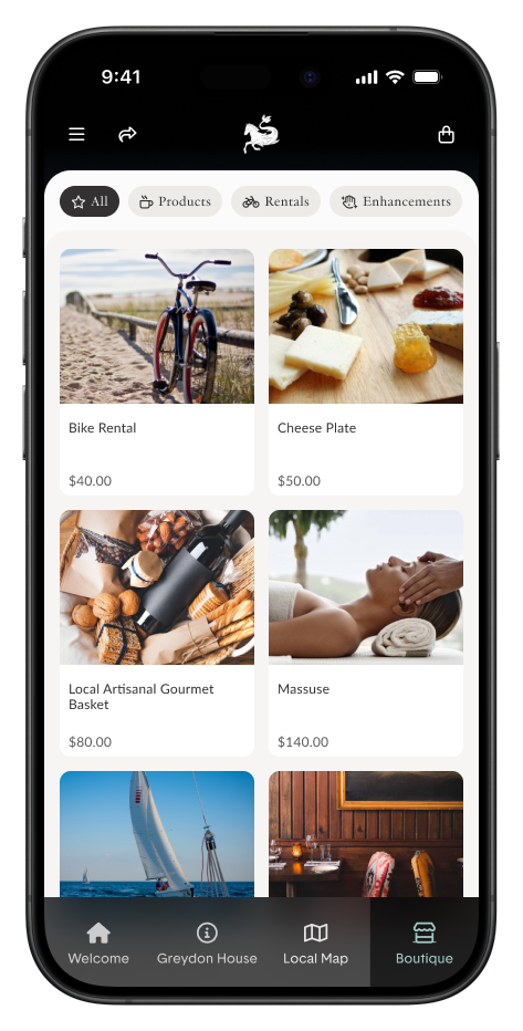 Mobile app interface showing various services: bike rental, cheese plate, gourmet basket, massage, sailing, and bar.