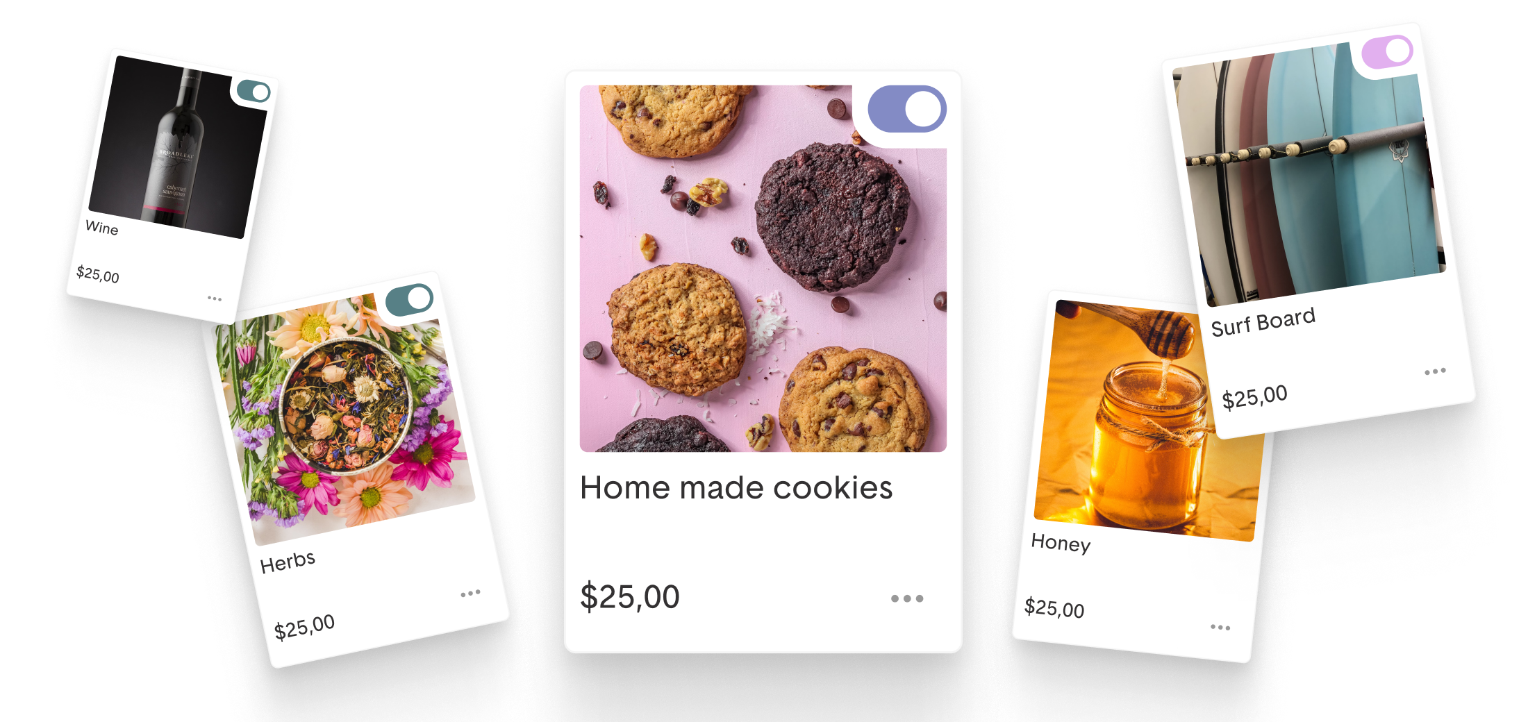 Five product cards displaying a wine bottle, cookies, surfboard, herbs, and a jar of honey.