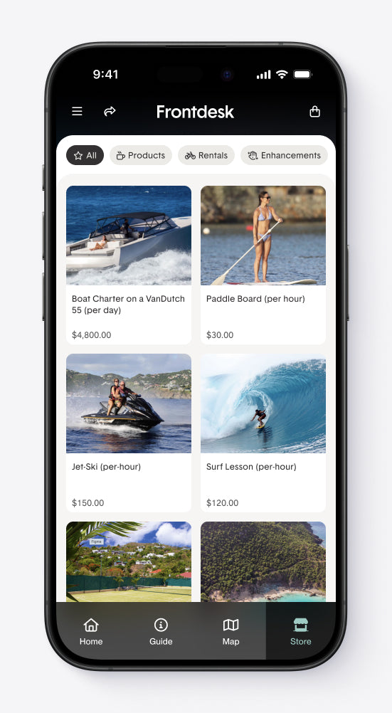 Mobile app screen showing rental listings: boat charter, paddle board, jet-ski, and surfing lessons.