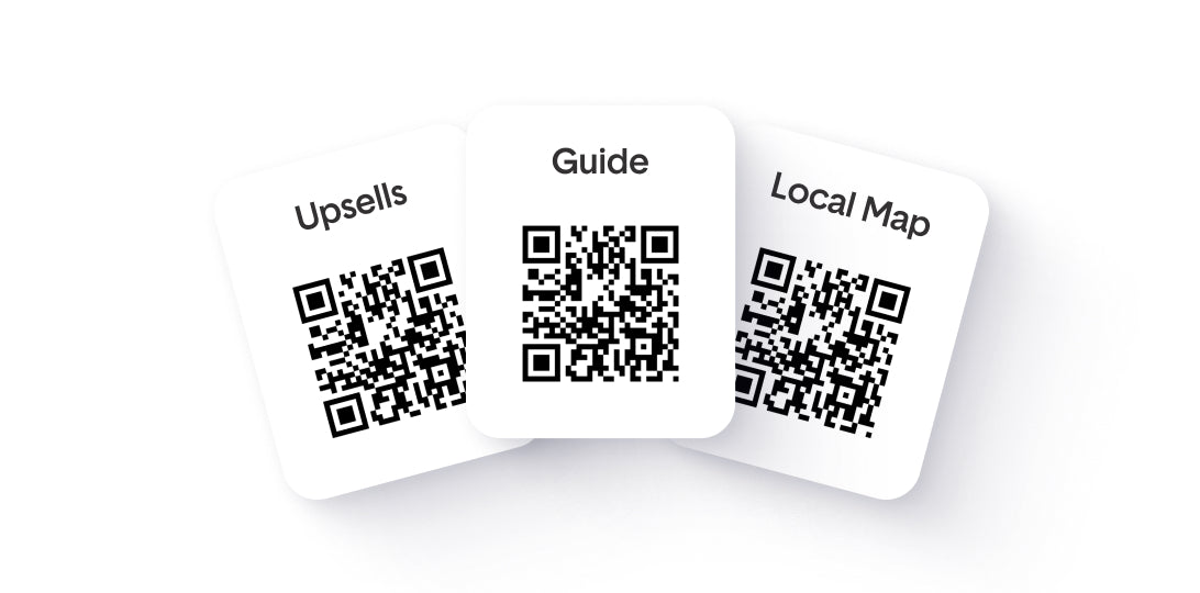 Three labeled QR codes for 'Upsells,' 'Guide,' and 'Local Map.'