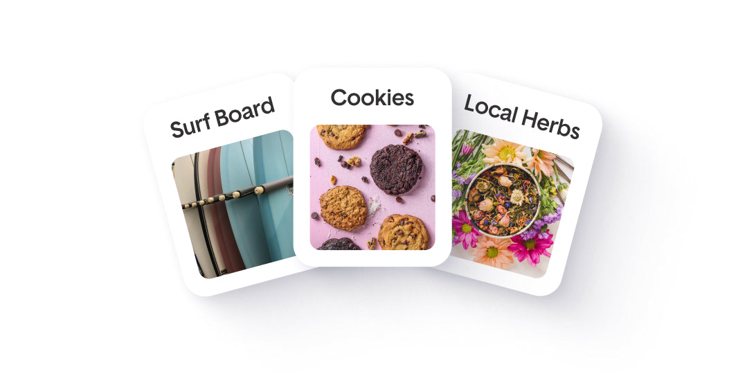 Three cards labeled Surf Board, Cookies, and Local Herbs with corresponding images and text.