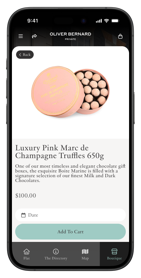 Luxury pink box of Marc de Champagne truffles shown on a smartphone shopping app.