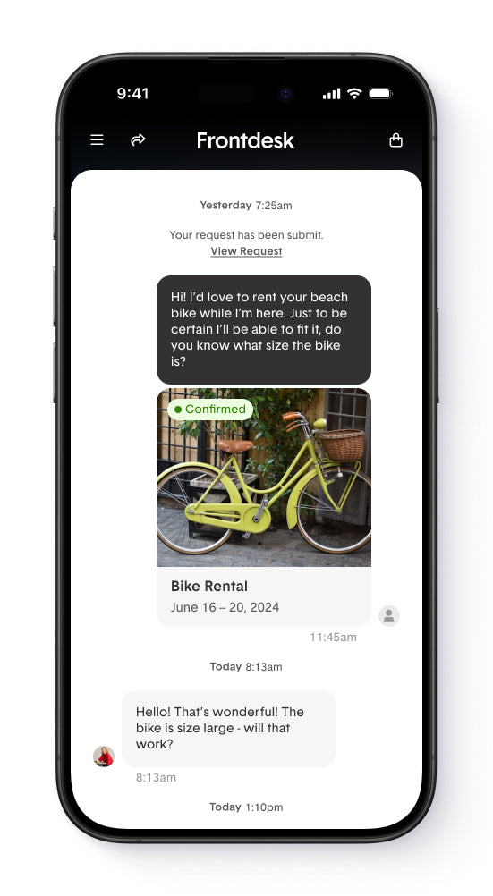 A smartphone screen showing a bike rental conversation in a messaging app.