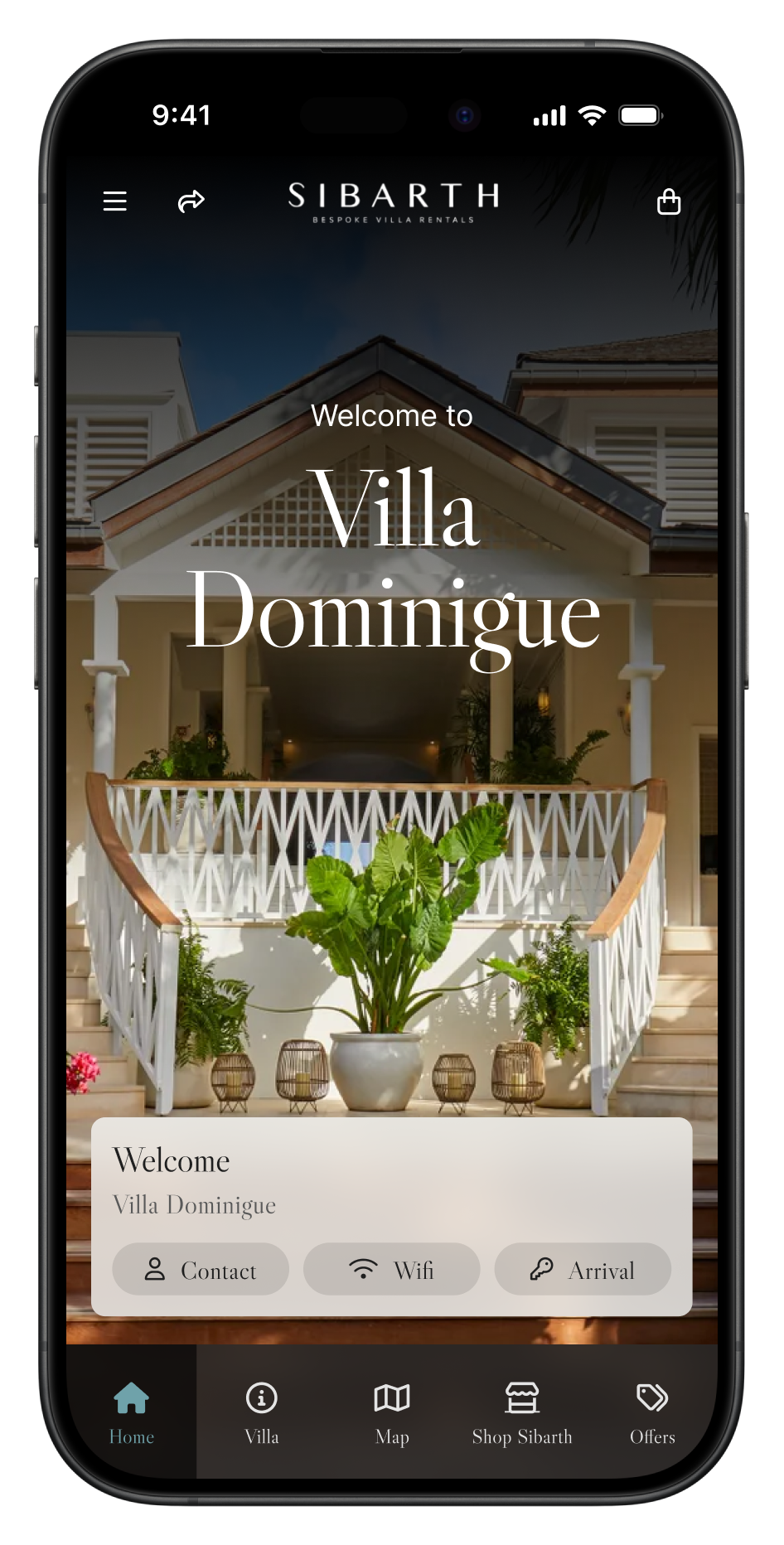 Mobile interface displaying welcome screen for Villa Dominique by Sibarth Bespoke Villa Rentals.