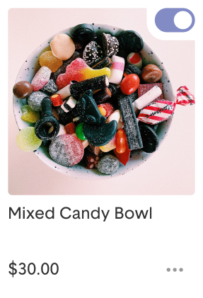 Bowl of assorted candies displayed with a price tag of $30.00.