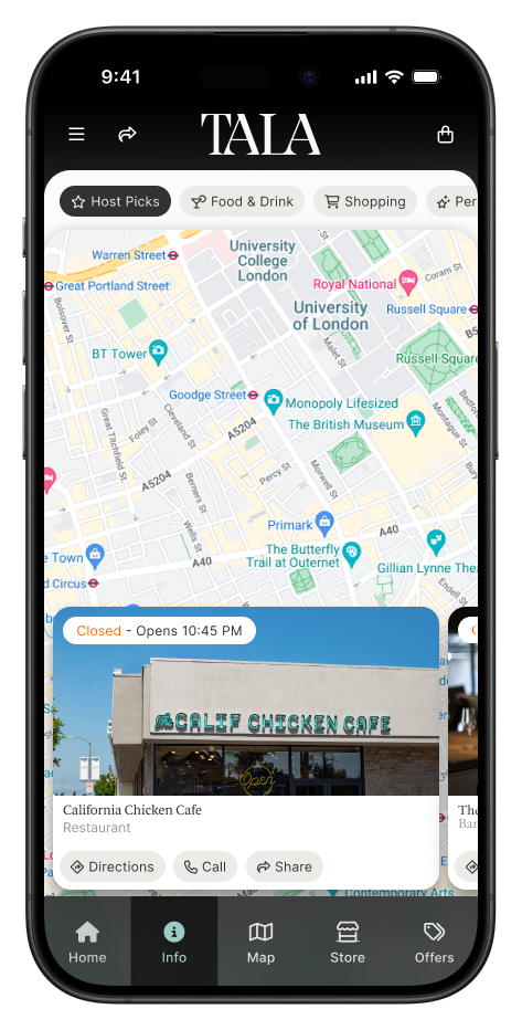 Smartphone screen displaying a map and listing for California Chicken Cafe.