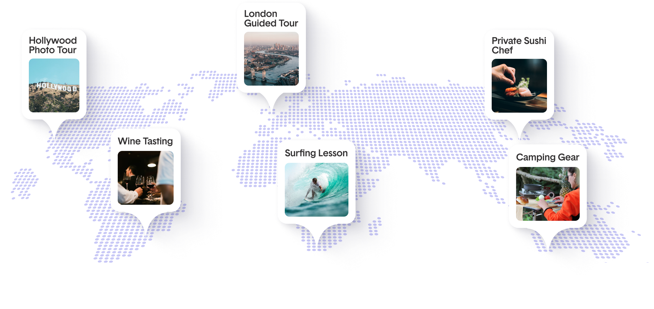 Map displaying various activities, including Hollywood tour, wine tasting, surfing lesson, London tour, sushi chef, and camping gear.