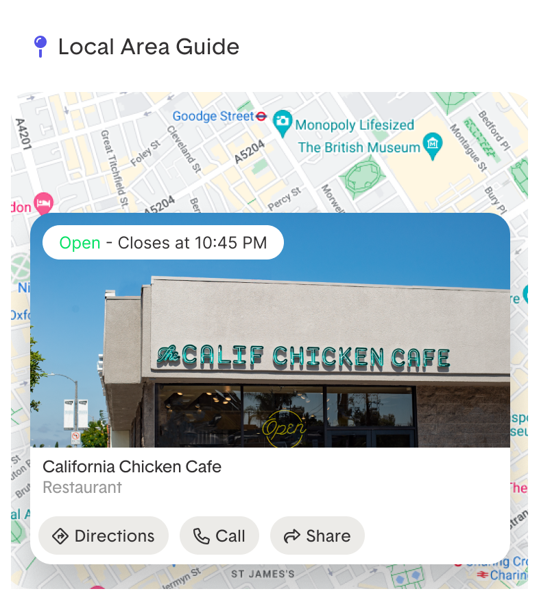 Storefront of California Chicken Cafe with a sign indicating it is open, showing navigation options.