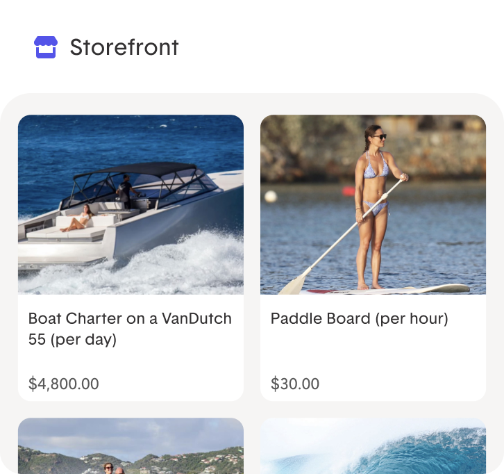 Online storefront showing boat charter and paddle board rental options with prices.