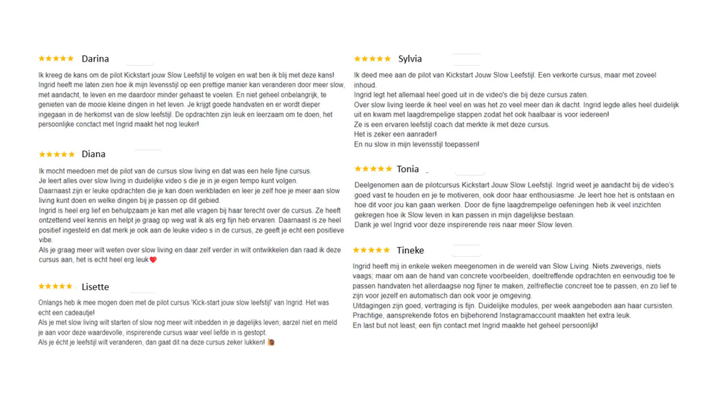 Positieve reviews van deelnemers aan de online cursus Kickstart Jouw Slow Leefstijl