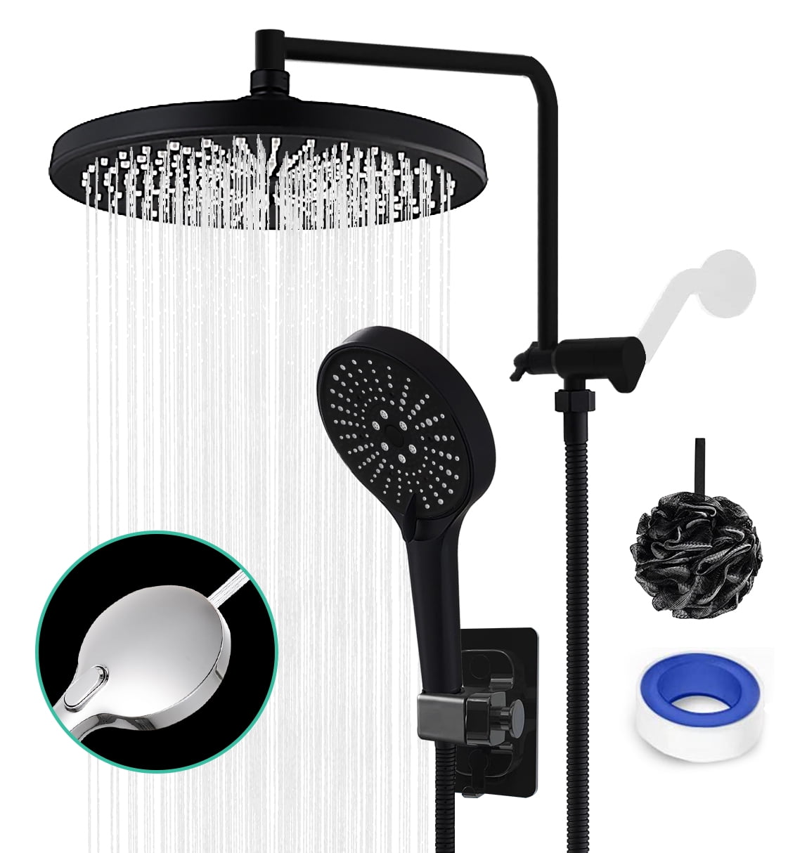 10 Black Rain Shower Head with Handheld Spray Rainfall Showerhead with 6 Settings Hand Held Shower Built-in Power Wash for Cleaning + 12 Shower Head Extension Arm,79 Shower Hose