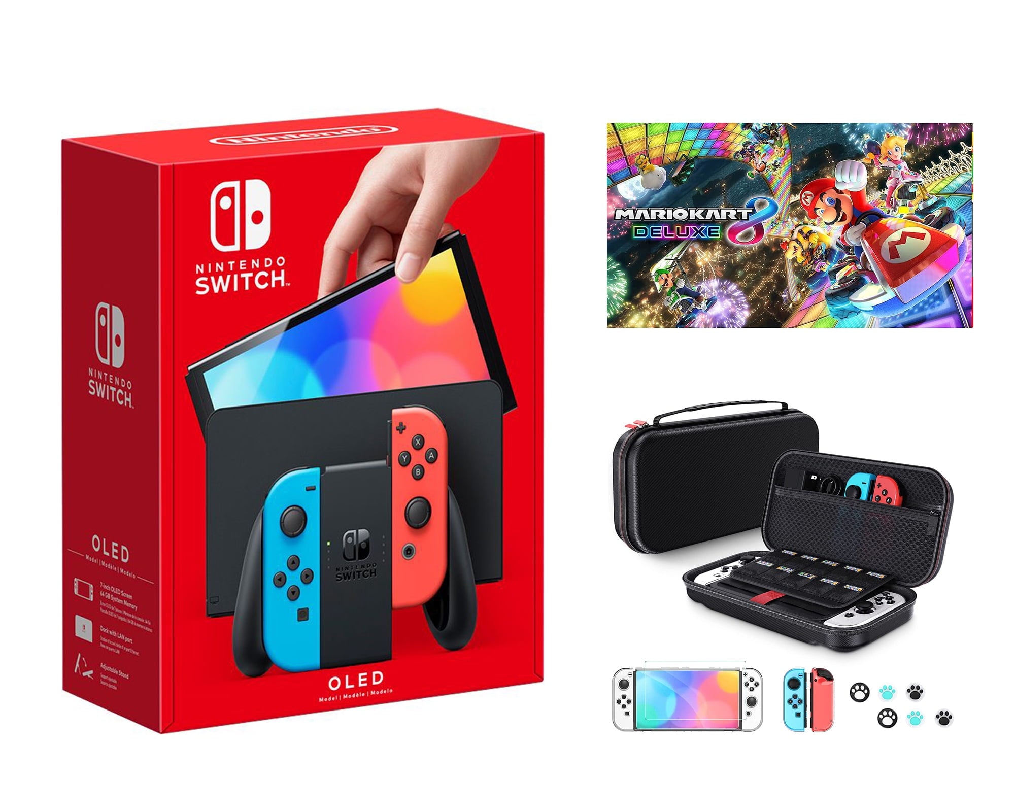 2023 Newest Nintendo Switch OLED Model Neon Red & Blue Joy-Cons Console, 32GB Internal Storage, Bundle with Mario Kart 8 Deluxe & 10 in 1 Accessory Case