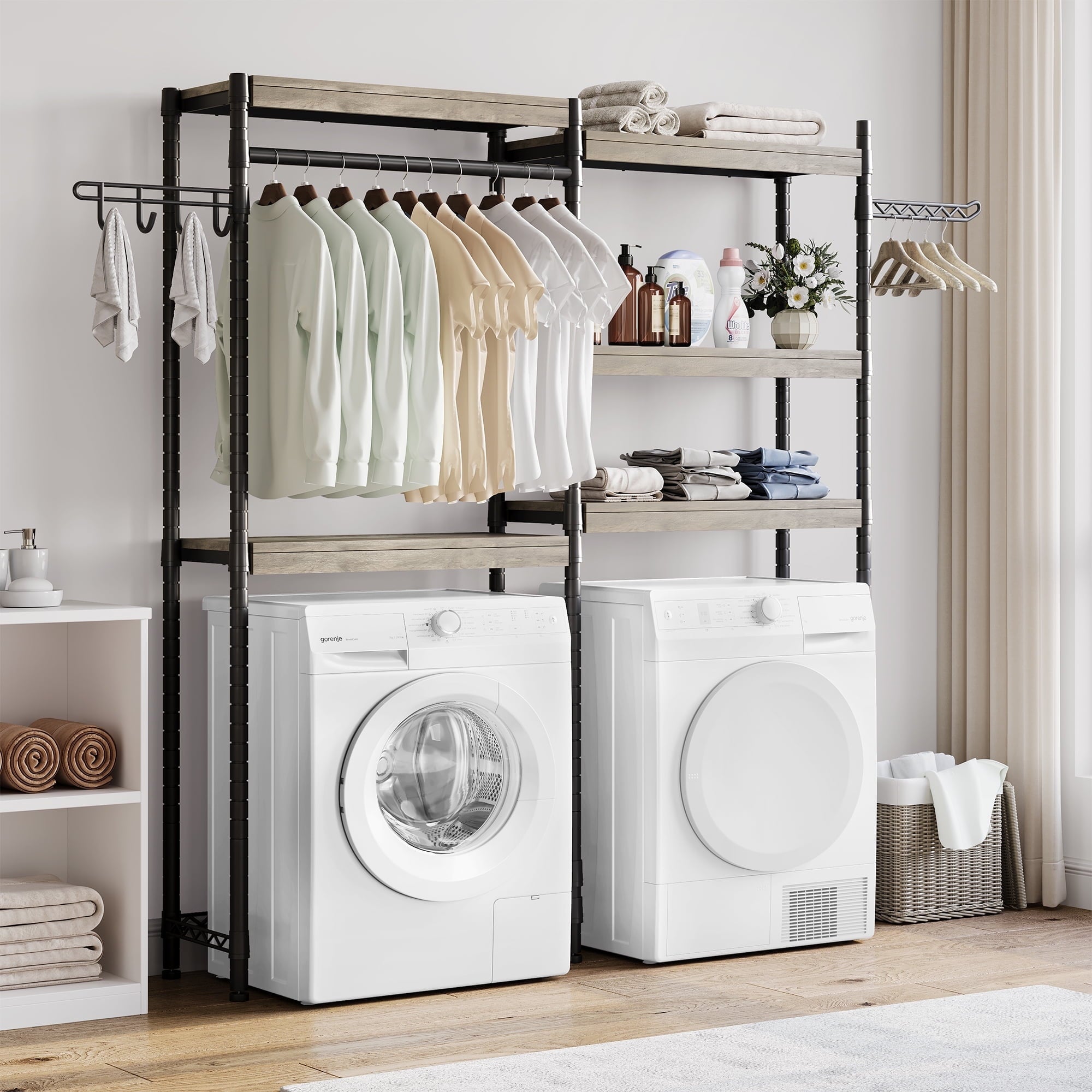 2024 New 5-Tier Over-The-Washer Storage Shelf – Durable Wood Laundry Room Rack with Adjustable Shelves and Hooks for Modern Home Organization