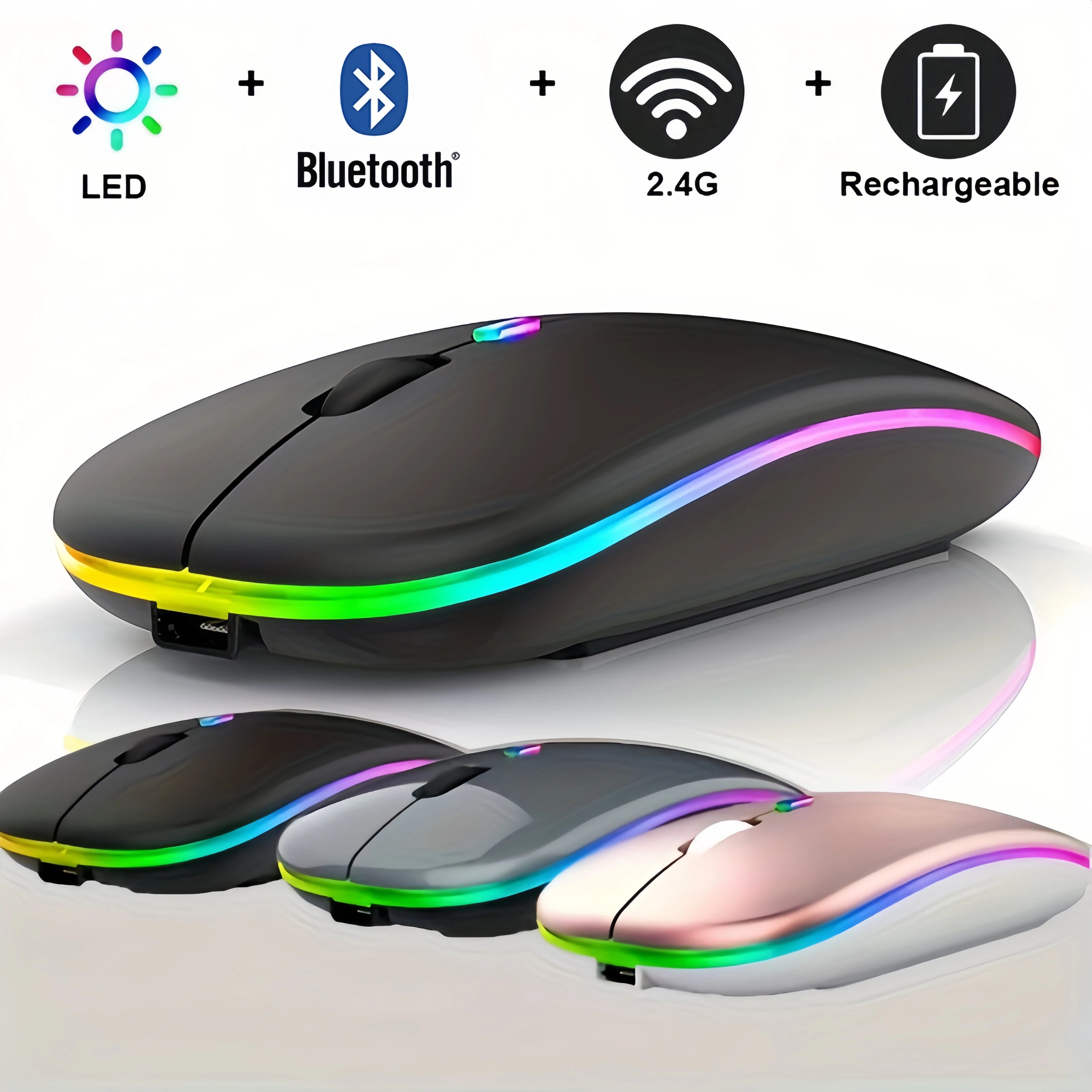 WIRELESS MOUSE BLUETOOTH AND 2.4GHZ DUAL MODES RECHARGEABLE RGB ERGONOMIC SILENT CLICK FOR PC, IPAD, LAPTOP, CELL PHONE, TV
