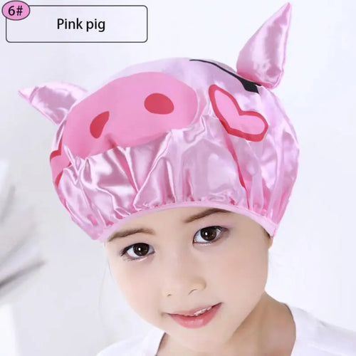 Children's Cartoon Shower Cap Double-layer Waterproof Material Cute Frog Print Satin Washing Cap Bath Cap Head Cover Shower Cap