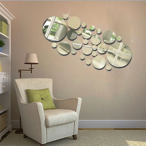 32Pcs Modern 3D Mirror Wall Sticker Circle Silver Mirror Decals Self-Adhesive Art Ornaments Home Background Decoration