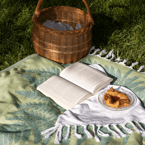 Green Pomp & Sass towel used as a picnic blanket. Book, basket, white Turkish towel and plate with a baked good on top.