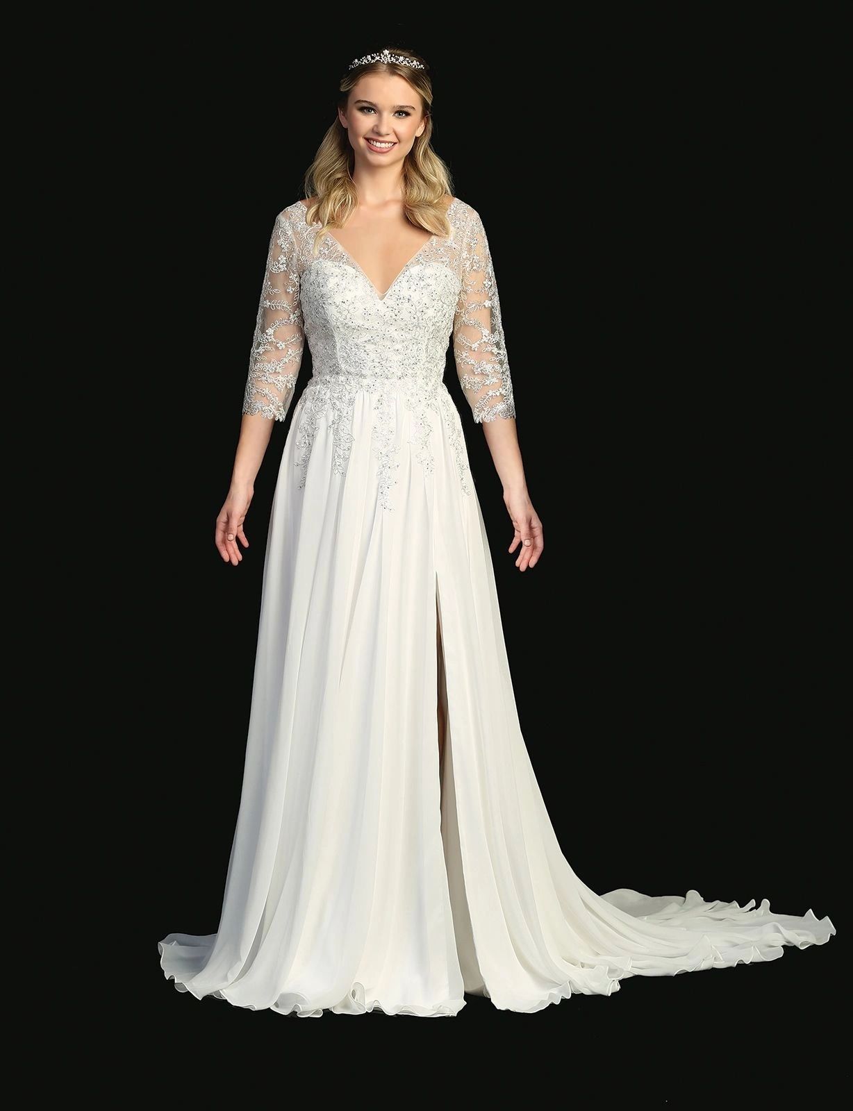 flattering, V-neckline wedding gown with sheer, lace embroidered sleev