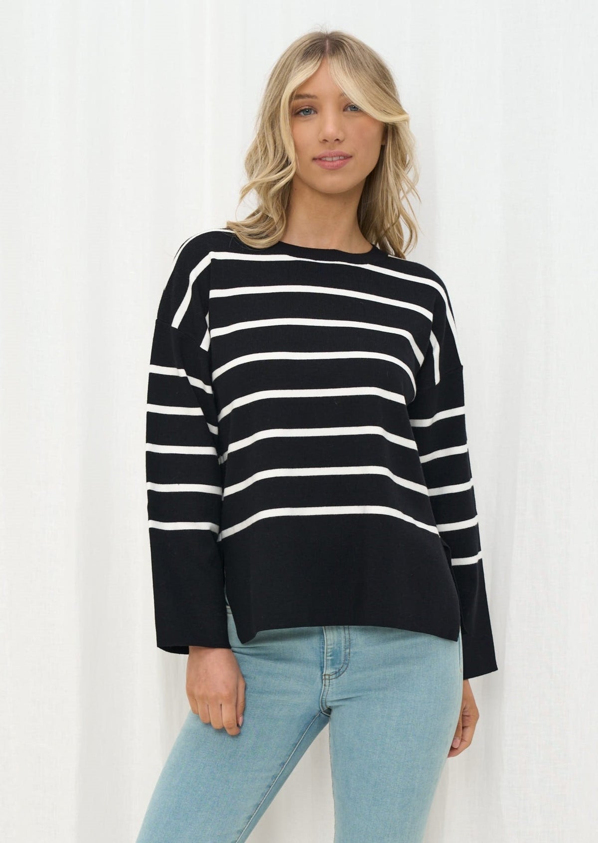 Iris Maxi Crew Neck Jumper Black/White Stripe - Goddess Noosa