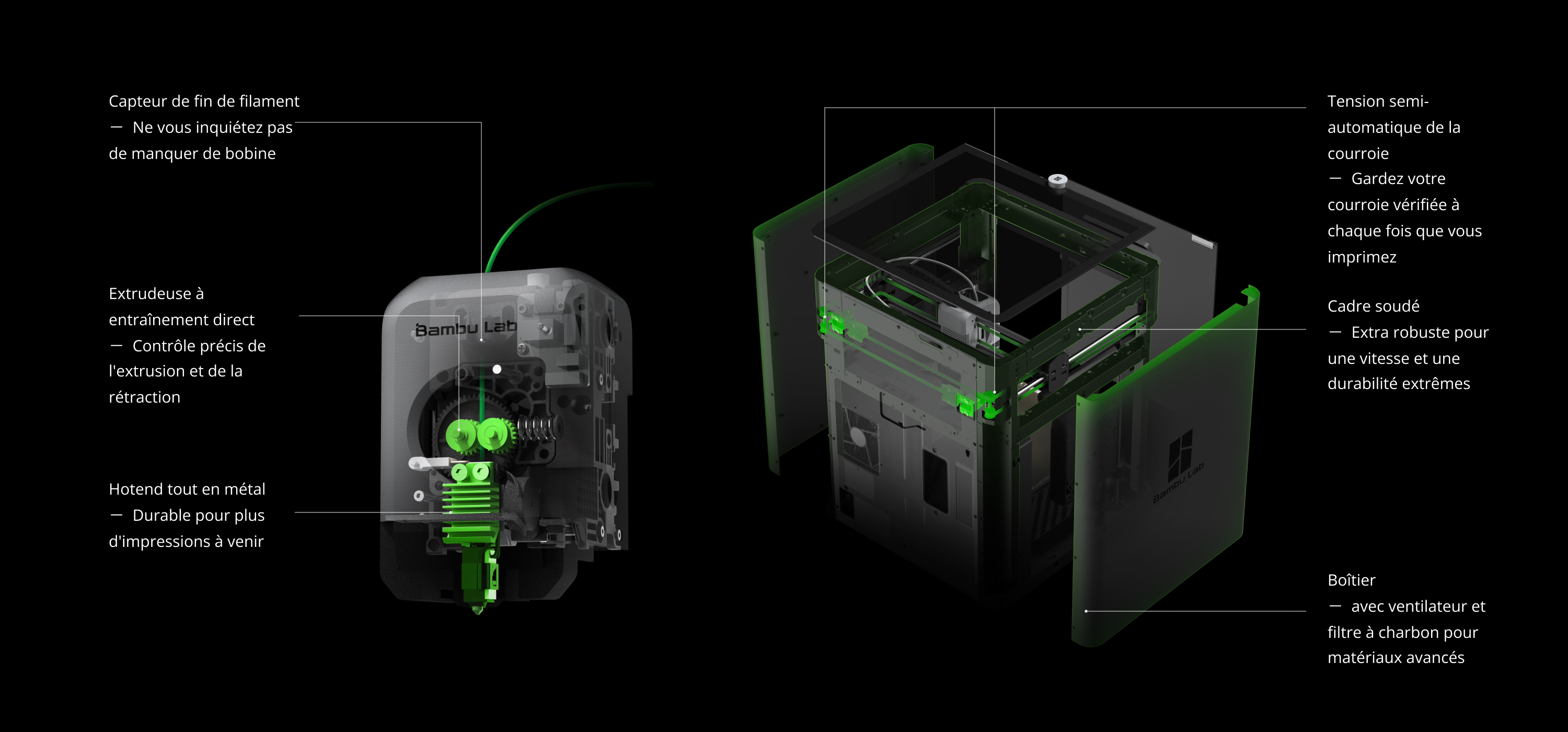 Filament run-out sensor, Semi-automatic belt tensioning, Direct-drive extruder
Welded frame, All-metal Hotend, Enclosure