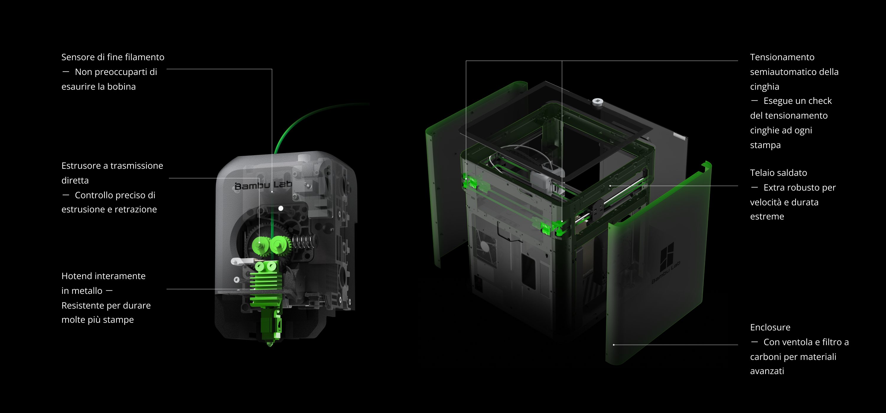 Filament run-out sensor, Semi-automatic belt tensioning, Direct-drive extruder
Welded frame, All-metal Hotend, Enclosure