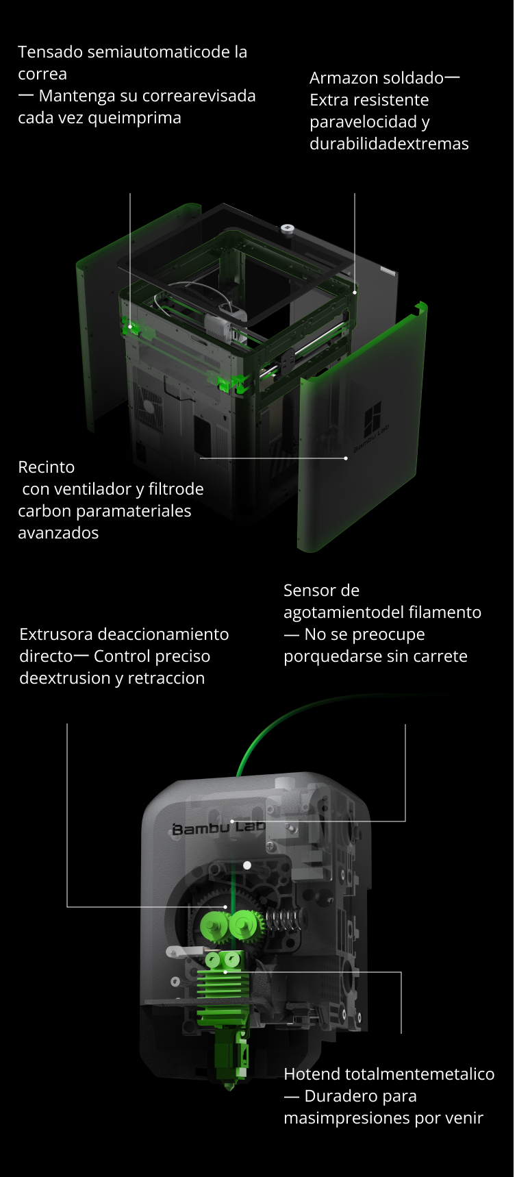 Filament run-out sensor, Semi-automatic belt tensioning, Direct-drive extruder
Welded frame, All-metal Hotend, Enclosure