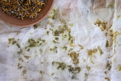 Marigold dye ecoprints on linen