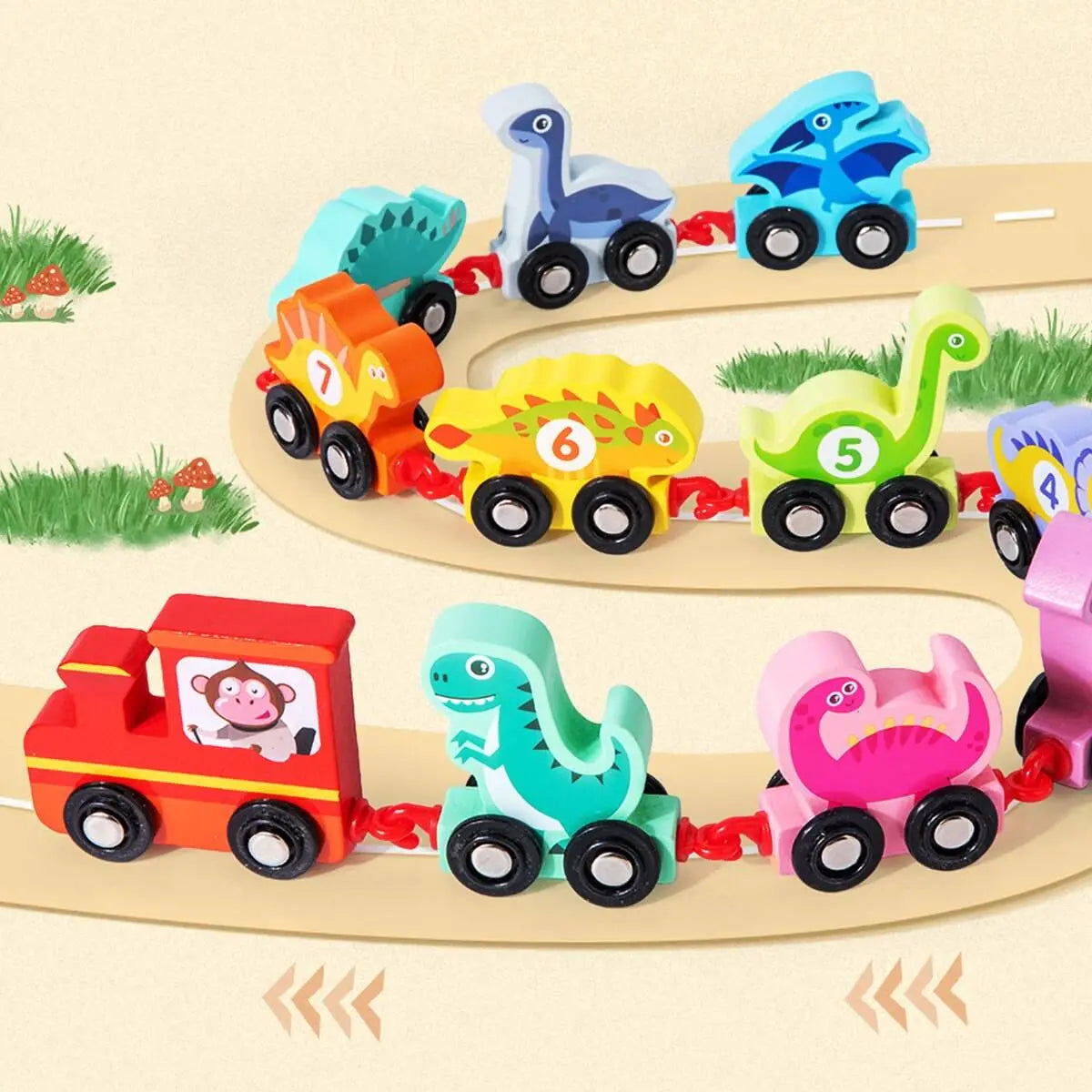 wooden dinosaur train set