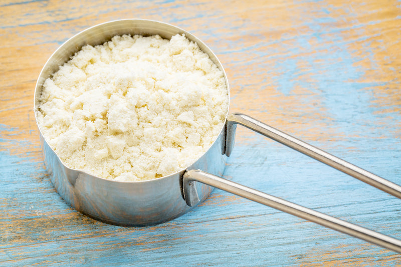 Metal scoop of whey protein powder