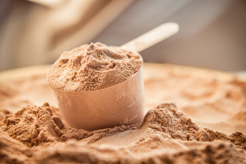 Heap of protein powder with a scoop of protein powder resting on top