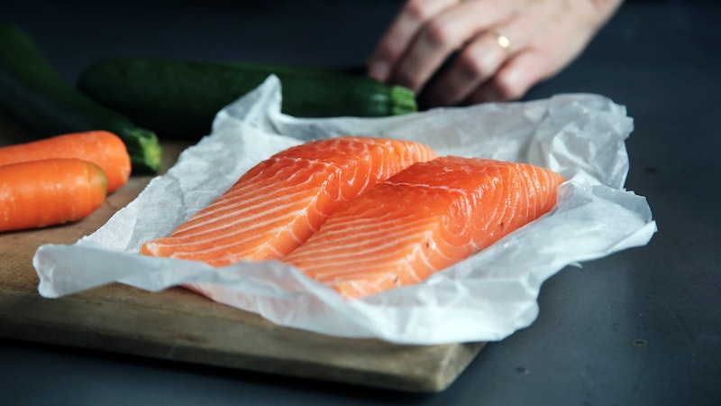 Two salmon fillets ready to be prepared