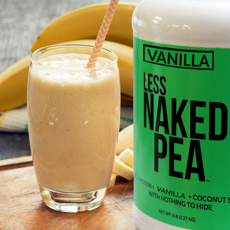 Vanilla Naked Pea product next to a banana protein shake