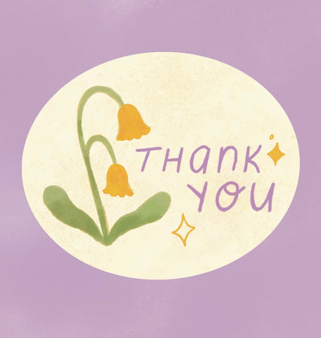 Purple and yellow thank you sticker with bell shaped flowers