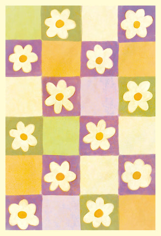 A postcard design with pastel coloured checkered background and daisies on every opposite square