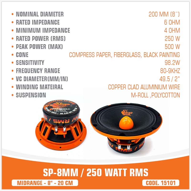 2 MIDRANGE SP AUDIO SP6.5CM-SLIM haut-parleur 16,50 cm 165 mm 6,5 diamètre  100 watt rms 200 watt max impédance 4 ohm 96 db, paire