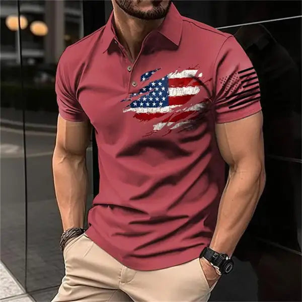 Men’s T-Shirt Polo Vintage American Flag Independence Day Short Sleeve Outdoor Summer Daily Top Navy Blue Black Khaki