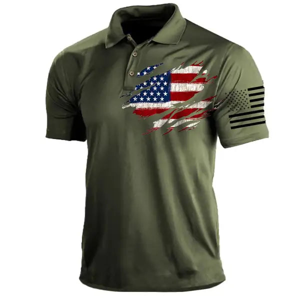 Men’s T-Shirt Polo Vintage American Flag Independence Day Short Sleeve Outdoor Summer Daily Top Navy Blue Black Khaki