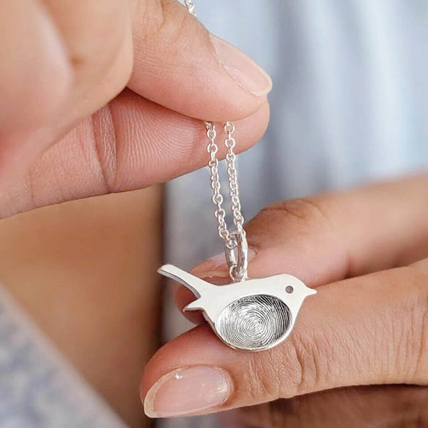 Memorial Fingerprint Robin Charm Necklace in Silver or Gold