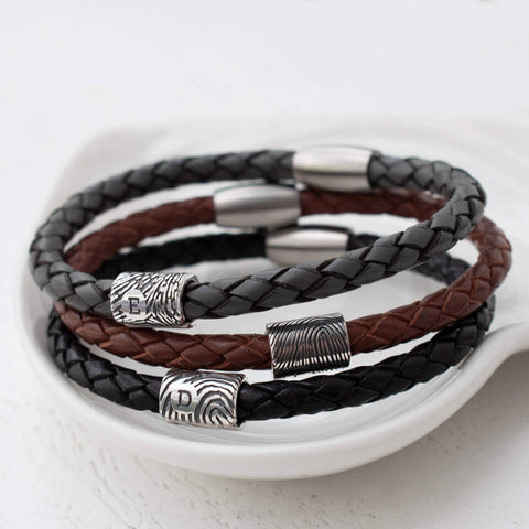 Fingerprint Bead Leather Bracelet for Dad