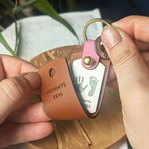 Personalised handprint and footprint leather case keyring for mum or dad