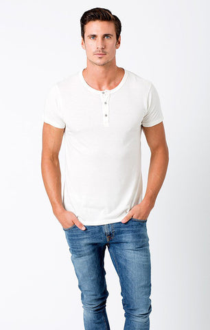 MENS ESSENTIAL WHITE SHORT SLEEVE HENLEY TEE